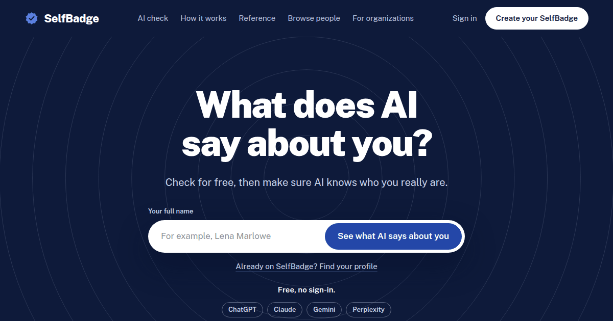 The SelfBadge homepage: What does AI say about you? with the name box.